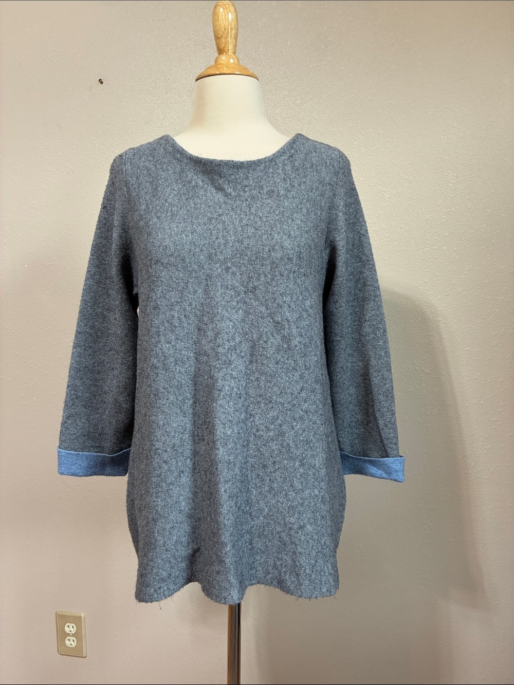 Nanette Lepore Large Grey Wool Blend 3/4 Sleeve Tunic Sweater Cozy Office Cabin
